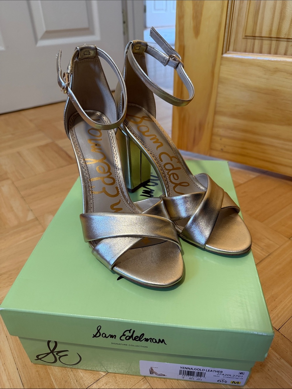 Sam Edelman Metallic Gold Leather Ankle-Strap Block Heels